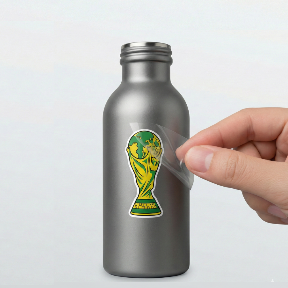 Garrafa metálica com estampa DTF UV da taça em verde e amarelo