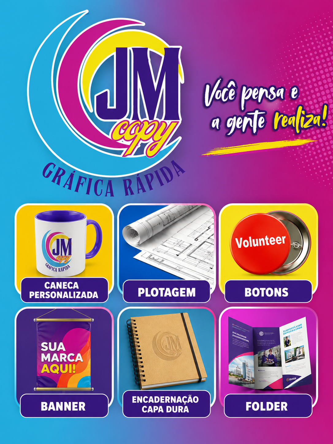 Mosaico de produtos e serviços da JM Copy